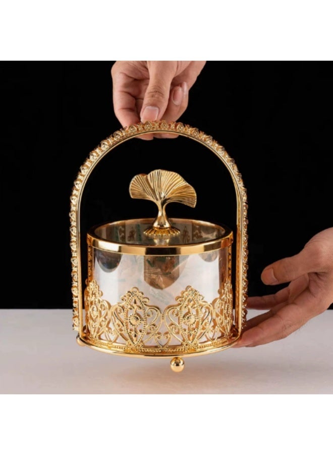 أولودينيز  علبة تخزين لرمضان زجاجية فاخرة بيد مزخرفة – حافظة ذهبية للحلويات أو التمر بغطاء ورقة الجنكو، مثالية للمناسبات - Image 2